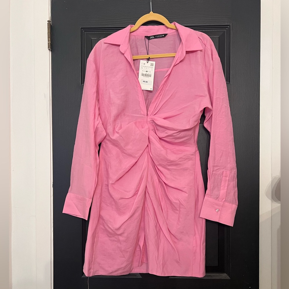 Zara Long Sleeve Pink Ruched Mini Dress